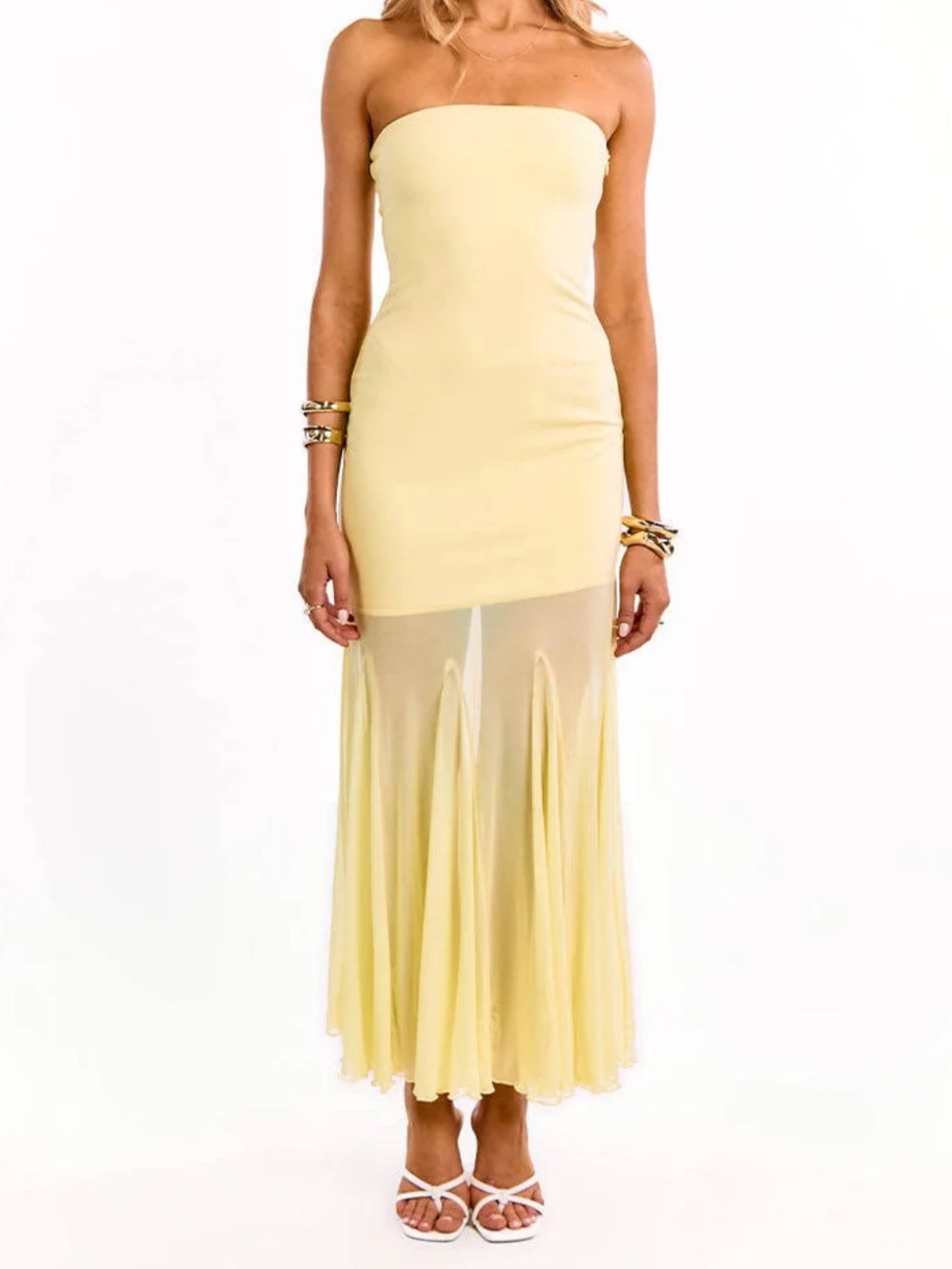 Beginning Boutique Adria Yellow Strapless Asymmetrical Formal Maxi Dress